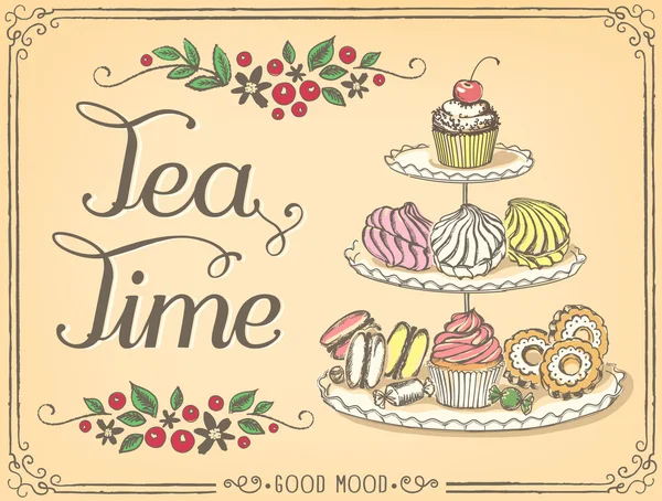 Ilustración retro Tiempo para el té con pasteles dulces y cupcakes — Vector de stock