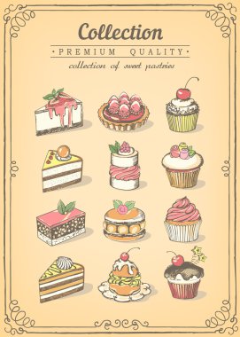 Çizilmiş vektör simgeler hamur işleri kümesi. Cupcakes topluluğu