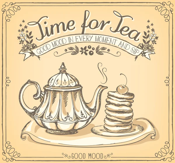 Ilustração retro Tempo para chá com bule e panquecas — Vetor de Stock