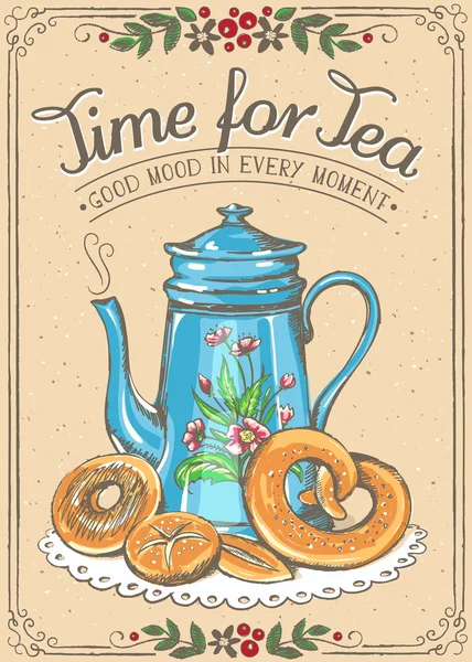 Ilustración retro Tiempo para el té con tetera y panadería — Vector de stock