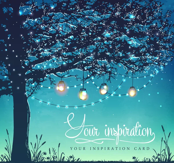 Carte d'inspiration. Un arbre. Lumières de vacances décoratives — Image vectorielle