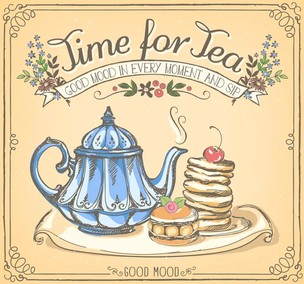 复古插画与茶壶和煎饼喝茶的时间 — 图库矢量图片