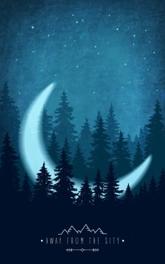 Silhouette of forest at night sky. Woodland scenery with crescent clipart