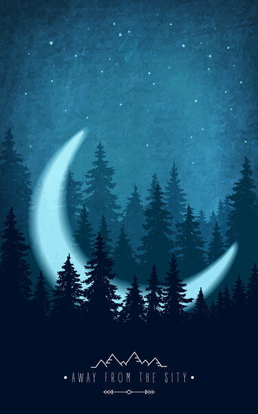 Силуэт леса на ночном небе. Деревянные пейзажи с полумесяцем
