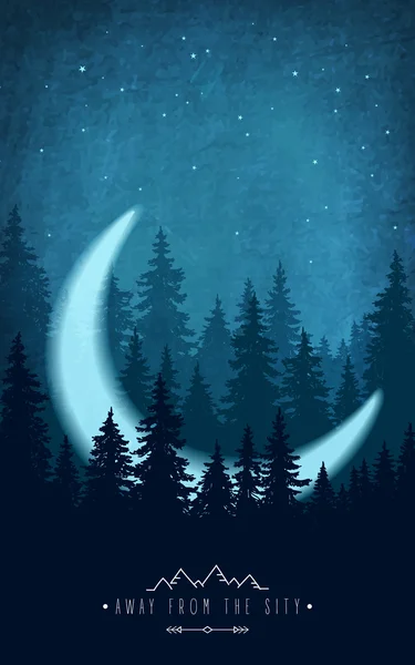 Silhouette of forest at night sky. Woodland scenery with crescent Stock Illustration