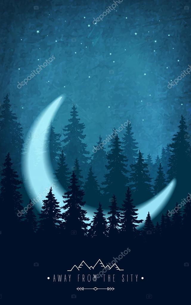 Woodland scenery with crescent. Silhouette of forest at night sky. Inspirational quote to rest outdoors and holidays out of town