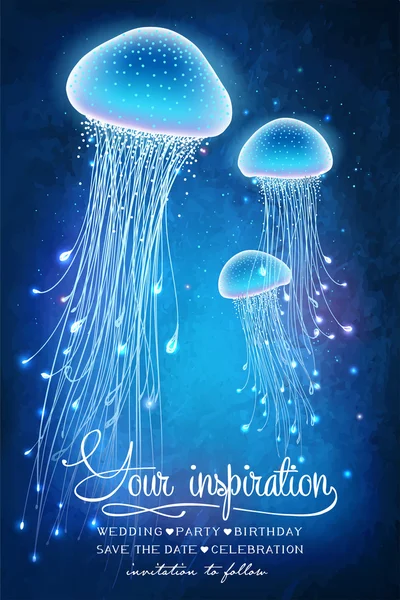 Волшебные светящиеся медузы под водой — стоковый вектор