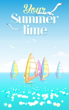 Güzel deniz manzarası. Ufuk ve martılar berrak gökyüzü üzerinde Caretta