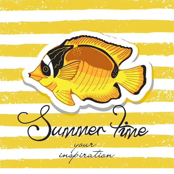 Ilustração vetorial de verão, fundo. Citação divertida com peixe amarelo oceano. Cartaz de tipografia inspiradora para mergulho ou menu de restaurante de peixe — Vetor de Stock