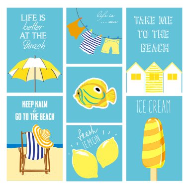 El yaz kartları koleksiyonu çekilmiş. Yaz tatili, beach party, tebrik kartları, güneş ve deniz keyfi için grafik ve web tasarımı için vektör çizimler