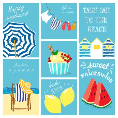 El yaz kartları koleksiyonu çekilmiş. Yaz tatili, beach party, tebrik kartları, güneş ve deniz keyfi için grafik ve web tasarımı için vektör çizimler
