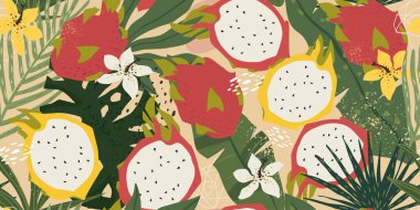 Kusursuz basit desen. Kumaş, kağıt, kapak, iç dekorasyon posterleri üzerine baskı yapmak için tropikal bitkiler ve egzotik meyvelerin kolajı.