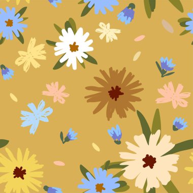 Papatya ve çiçeklerle soyut, pürüzsüz desen. Kumaş, kağıt, kapak, iç dekorasyon için moda el çizimleri. Pankart, poster, kart, davet ve albüm için tasarım.
