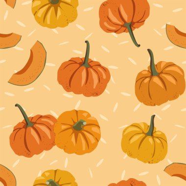 Sonbahar balkabaklarıyla kusursuz desen. Moda soyut tasarımı. Kumaş, kağıt, kapak, iç dekorasyon ve posterlere baskı yapmak için el çizimi dokular.