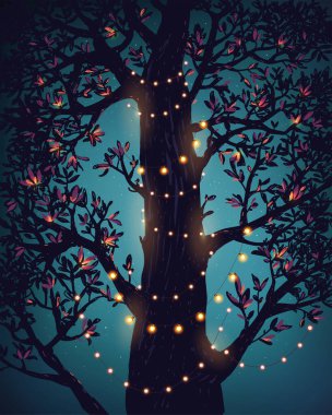 Arka bahçe partisi, düğün, tarih, doğum günü posteri için dekoratif tatil ışıkları asmak. İlham kartı. Bahçe partisi daveti