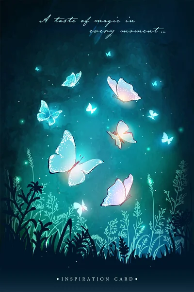 Illustrazione Vettoriale Con Magiche Farfalle Incandescenti Che Volano Nel Giardino — Vettoriale Stock