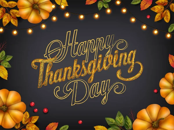 ベクトルの背景秋の葉とカボチャで幸せな感謝祭の日 ブラックボード上の休日のライト 招待状 グリーティングカードの季節のコンセプト — ストックベクタ