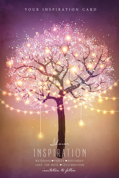 Beautiful Magic Tree Decorative Lights Party Inspiration Card Wedding Date — Stock Vector