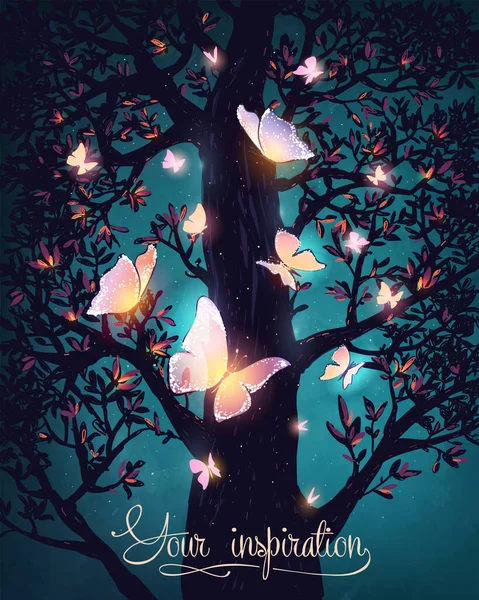 Ilustración Vectorial Con Mágicas Mariposas Nocturnas Brillantes Bosque Tarjeta Inspiración — Archivo Imágenes Vectoriales