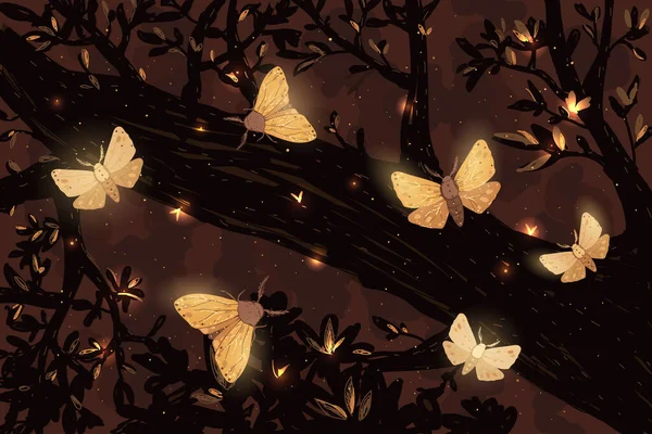Sonbahar Vektör Illüstrasyonu Ormanda Parlayan Sihirli Gece Kelebekleri Stok Illüstrasyon