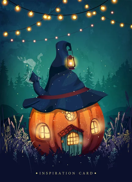Schattig Sprookjeshuis Gemaakt Van Pompoen Heksenhoed Herfst Feestelijke Halloween Illustratie Rechtenvrije Stockillustraties