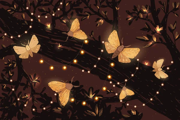 Illustration Vectorielle Automne Des Papillons Nocturnes Magiques Dans Forêt Décorations Illustration De Stock