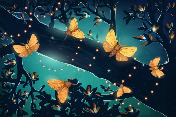 Vektor Illusztráció Varázslatos Ragyogó Éjszakai Pillangók Erdőben Ünnepi Dekorációk Ünnepi Vektor Grafikák