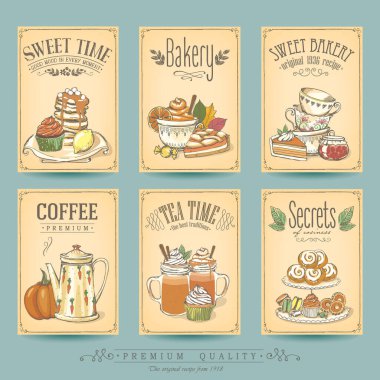 Sonbahar kartı koleksiyonu hamur işleri ve çay. Pastane, şekerci, kafe, restoran menüsü, davetiye, çıkartma posterleri. Serbest çizim, çizim