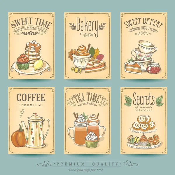 Colección Tarjetas Otoño Pasteles Carteles Vintage Panadería Confitería Cafetería Menú — Archivo Imágenes Vectoriales