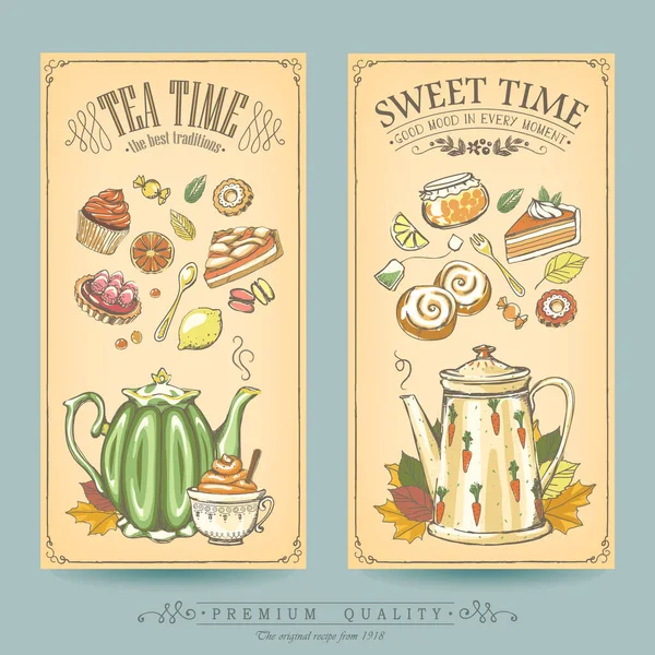 カード コレクション ペストリーと紅茶 パン屋さん菓子屋さんやコーヒー ハウスのビンテージのポスター フリーハンドの図面 スケッチ ロイヤリティフリーストックベクター