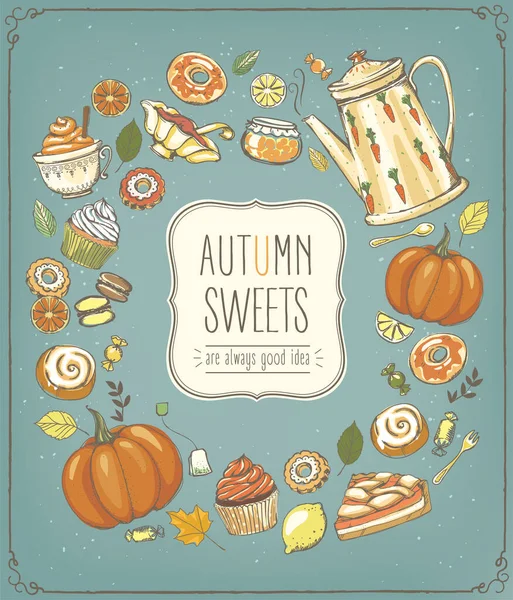 Illustration Vectorielle Automne Thé Feuilles Citrouille Théière Bonbons Boulangerie Croquis Illustration De Stock