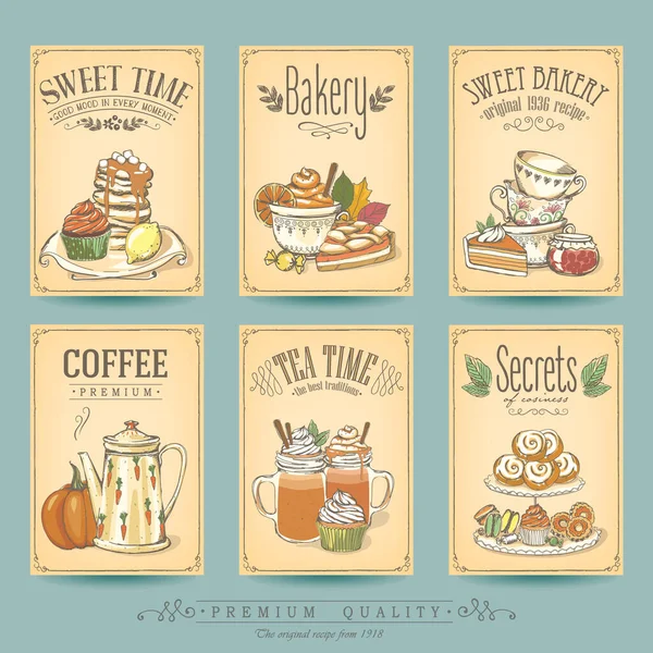 Őszi Kártya Gyűjtemény Sütemények Tea Vintage Plakátok Pékség Édességbolt Vagy Jogdíjmentes Stock Vektorok