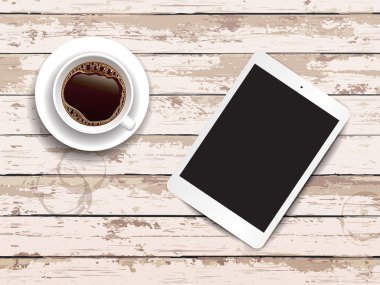 vektör çizim. Tablet ve kahve ahşap tablo.