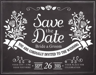 Tarih edersiniz. Düğün davetiyesi vintage kartı. Serbest el çiziminin kara tahta üzerinde