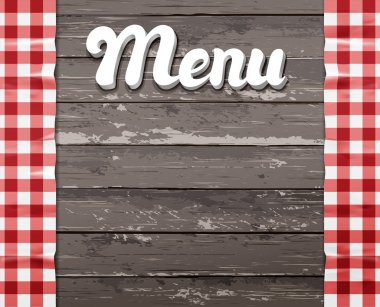 Vektör çizim. Menü. Masa örtüsü ile ahşap arka plan