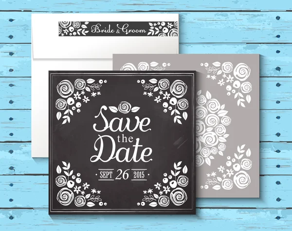 Invitation de mariage carte vintage avec floral. Fond en bois — Image vectorielle