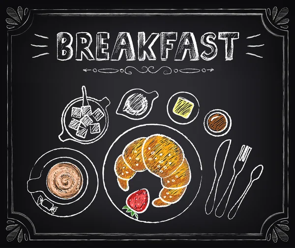 Cartel Vintage. El desayuno. Ilustración de bocetos. Croissant y café. Set en la pizarra para el diseño en estilo retro — Vector de stock