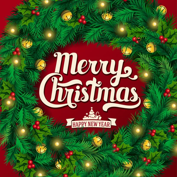 Christmas wenskaart en achtergrond. De kroon van Kerstmis met slingers, Merry Christmas belettering. Vector — Stockvector