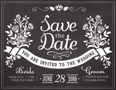 vintage düğün davetiye. serbest el çiziminin kara tahta üzerinde
