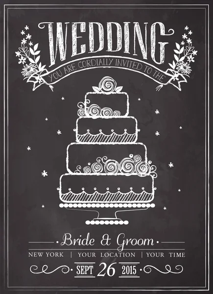 결혼식 초대 빈티지 카드입니다. 웨딩 케이크입니다. 칠판에 자유 그리기 — 스톡 벡터