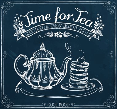 Retro illüstrasyon çaydanlık ve fırın ile çay saati