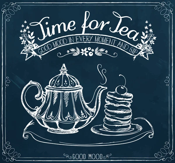 Zeit für Tee mit Teekanne und Backwaren — Stockvektor