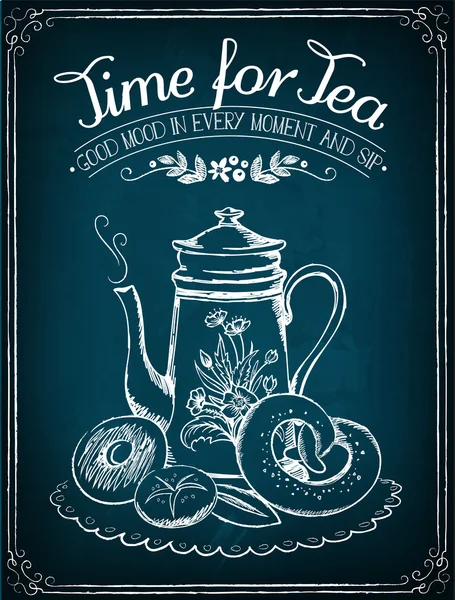 Ilustración retro Tiempo para el té con tetera y panadería — Vector de stock