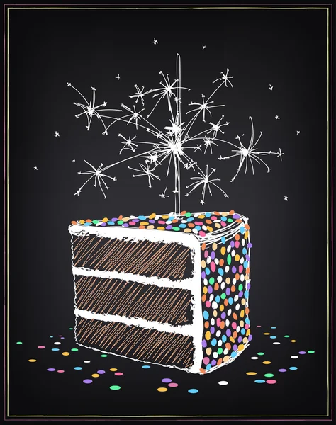 A piece of birthday cake with sparklers and confetti — Stock Vector