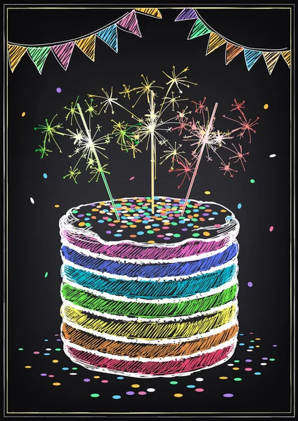 Cartão de convite de aniversário. Bolo de aniversário com sparklers — Vetor de Stock