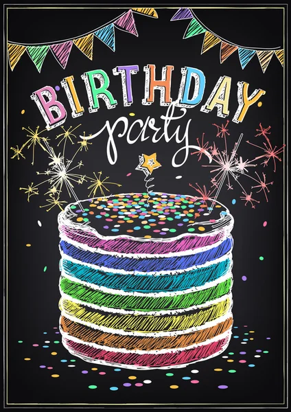 Carte d'invitation d'anniversaire. Gâteau d'anniversaire avec des étincelles — Image vectorielle