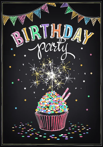 Verjaardag uitnodigingskaart. Verjaardag cupcake met wonderkaarsen — Stockvector