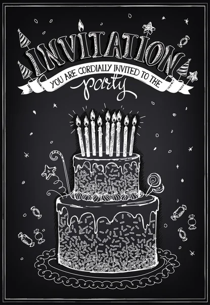 Cartão de convite para a festa ou aniversário. Bolo de aniversário com velas — Vetor de Stock