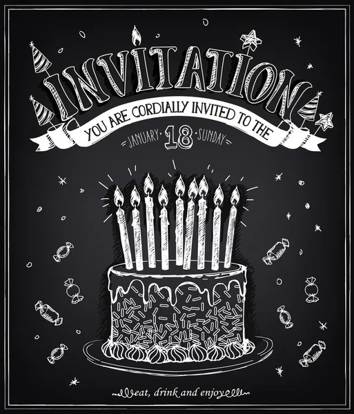 Invitation card to the party or birthday. Birthday cake with candles — 스톡 벡터