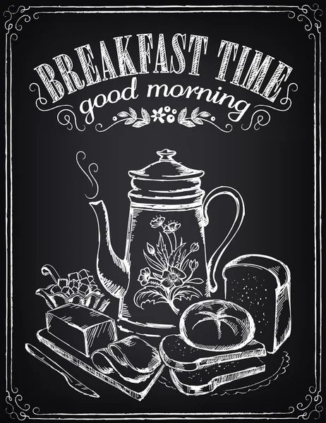 Vintage Poster Hora do café da manhã. Bule e produtos de pequeno-almoço —  Vetores de Stock